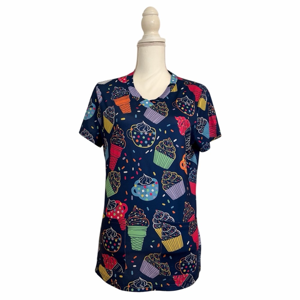 Colorful Cupcake and Ice Cream Print Nursing Medical Scrub Top Women’s Medium